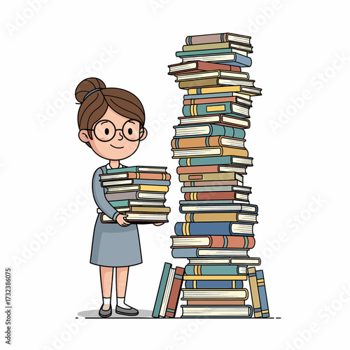Cartoon Girl with Glasses Holding Stack of Books Beside Towering Book Pile.