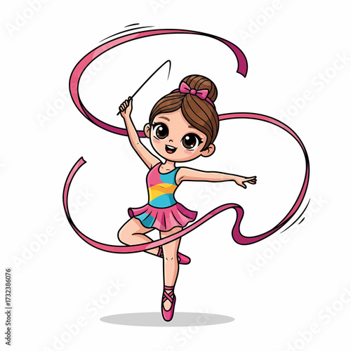 Cartoon Gymnast with Pink Ribbon in Dynamic Pose Brown Hair Bun and Pink Bow.