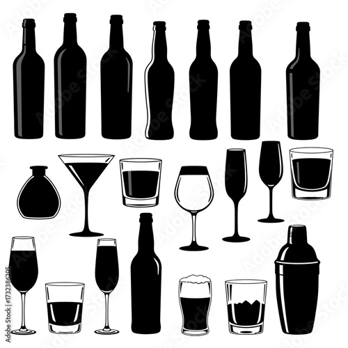 Collection of black and white silhouettes of various bottles and glassware arranged in rows, concept for bar decoration, menu design and advertising graphics
