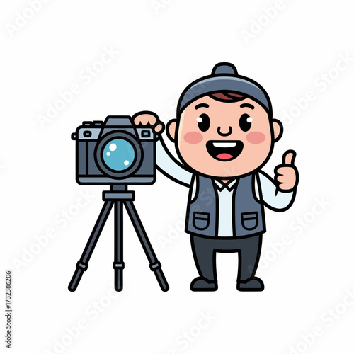 Cartoon Photographer with Camera on Tripod Giving Thumbs Up Gesture.