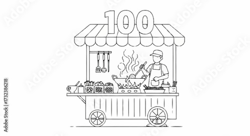 Street food vendor skillfully cooks a delicious Asian meal on a cart with the number 100, creating a vibrant culinary scene perfect for food lovers
