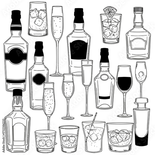 Hand-drawn set of various outlined liquor bottles and glasses, containing ice cubes and clear drinks. concept for bar menu design, alcoholic beverages branding, and vintage pub promotion