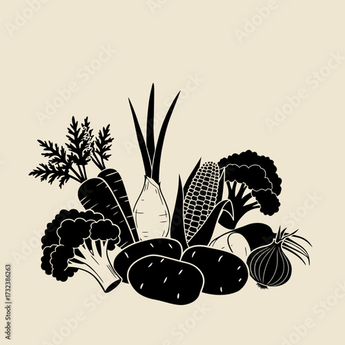 Monochrome vegetable assortment featuring potatoes, carrots, corn, broccoli, and onions in stylized composition. Concept for healthy eating illustration, culinary arts artwork and restaurant menu