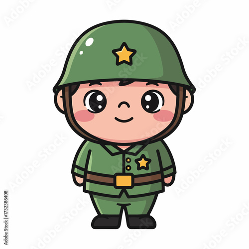 Cartoon Soldier with Rosy Cheeks and Star Embellishments in Olive Green Uniform.