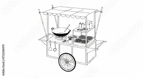 Charming line art of a vintage-style mobile food cart ready to serve delicious street food, perfect for menus, culinary projects, or recipe illustrations