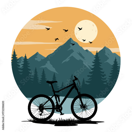 Silhouette bicycle against mountain and forest landscape with moon and birds flying at sunrise, concept for outdoor adventure promotion, eco tourism poster and nature sport illustration