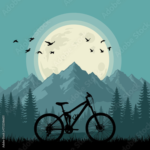 Silhouette of mountain bike against a night sky with moon and mountain range backdrop, concept for outdoor adventure, nature exploration and recreational activity