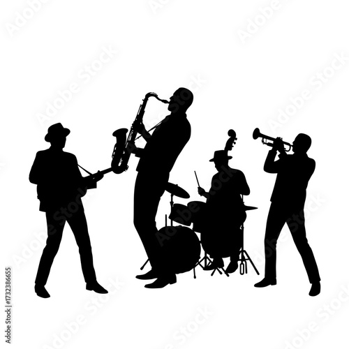 Silhouette of a jazz band performing with saxophone, guitar, drums, and trumpet against a white background, concept for music events, artistic projects and creative presentations