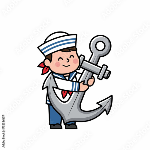 Smiling Cartoon Sailor Boy Hugging a Large Silver Anchor with Red Neck Scarf.