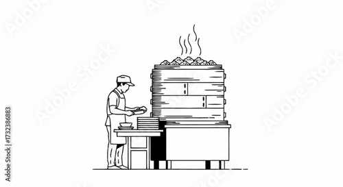Skilled chef expertly steams delicious dumplings in a towering bamboo steamer, a vibrant culinary scene