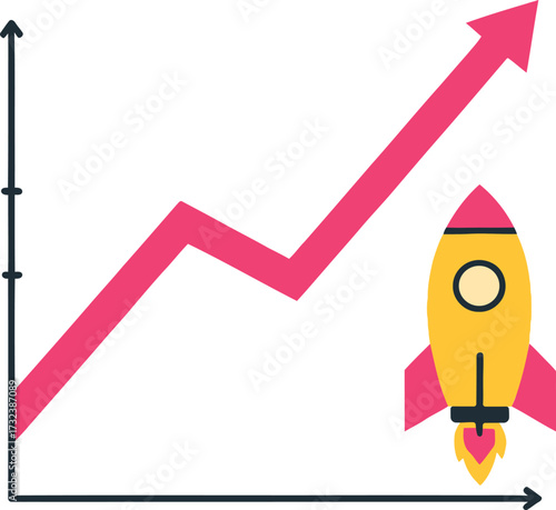 Adobe Illustrator ArtworkStylized growth chart showing an upward pink arrow with a rocket at the base, symbolizing rapid growth, momentum, and positive business or tech performance. 