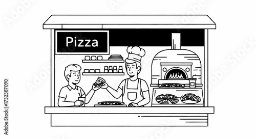 Happy customer buys delicious pizza slice from friendly chef at bustling street food stand with wood fired oven