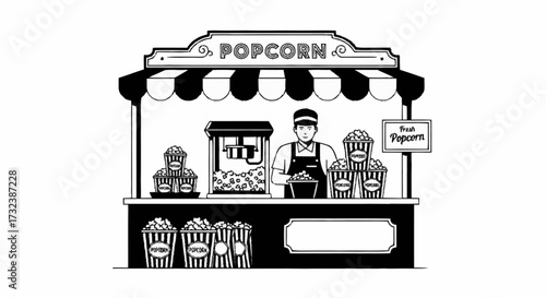 Friendly vendor serves hot fresh popcorn from a charming retro cart, creating a delightful cinema or event atmosphere