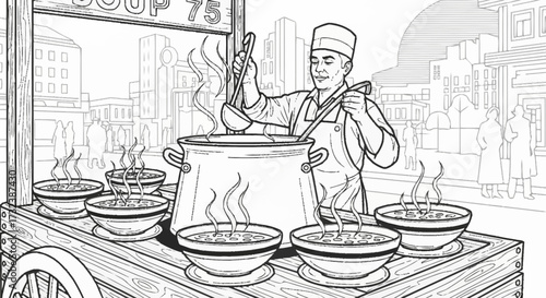 Happy chef serves steaming hot soup from a street cart to hungry city dwellers, creating a vibrant urban dining experience.