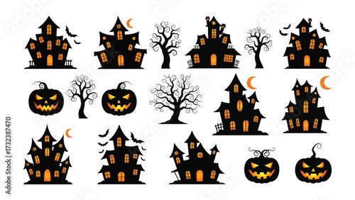 Spooky Halloween Silhouettes: Creepy silhouette collection capturing iconic symbols, perfectly crafted for evoking a sense of dread and mischief. Ideal for the Halloween season.