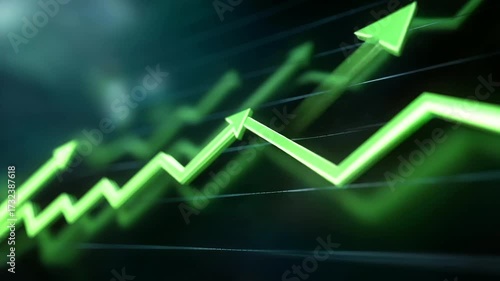abstract background of neon green arrows climbing digital stock chart gentle whoosh sound as lines ascend subtle futuristic pulse perfect loop for finance videos three quarter wide
