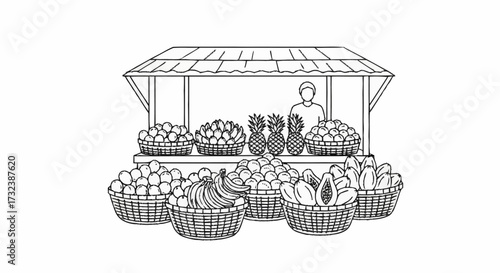 Vibrant fruit stand overflowing with fresh produce and a friendly vendor, perfect for healthy lifestyle and market themes