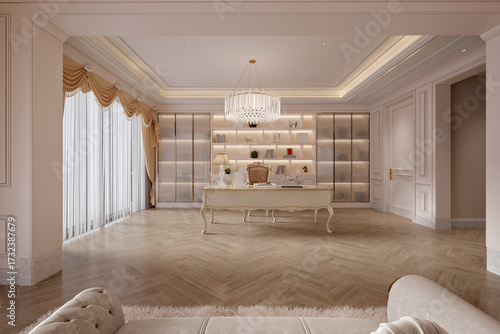 3D Render of Luxury Neo-Classical Hotel Room, Bedroom