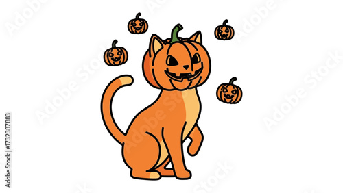 Halloween Cat with Pumpkins: A playful cartoon cat adorned with a pumpkin head and surrounded by floating jack-o'-lanterns, all set against a clean, uncluttered setting.