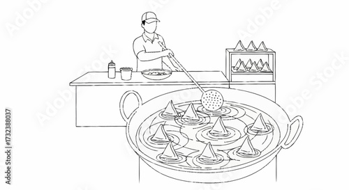 Skilled chef expertly fries golden samosas in hot oil, creating delicious street food delights for eager customers.