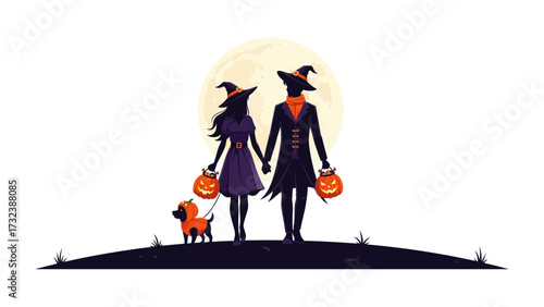 Halloween Couple Silhouette: A silhouetted couple, adorned in witch attire, strolls hand-in-hand under the gentle glow of a full moon. They're accompanied by a playful canine companion.