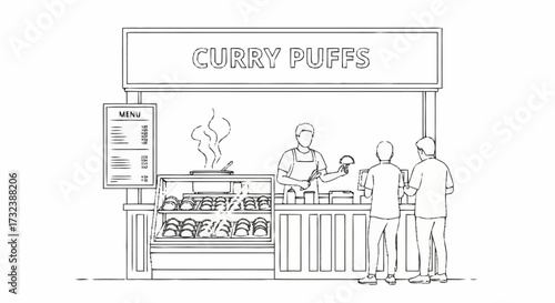 Friendly vendor serves delicious curry puffs to customers at a bustling street food stall, highlighting fresh baked goods and quick service.