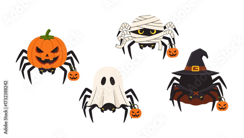 Halloween Spiders Set: A set of four playful halloween spiders dressed in holiday costumes, each holding a mini pumpkin, bring a whimsical and spooky charm to this holiday illustration.