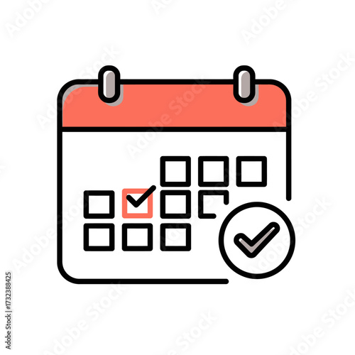 Calendar Vector Icon with Checkmark for Appointment or Deadline Modern Flat Design Style in Coral