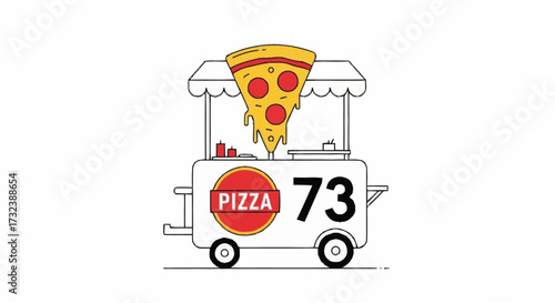 Delicious pizza slice dramatically dripping cheese over a charming food cart, perfect for restaurant branding and culinary promotions.