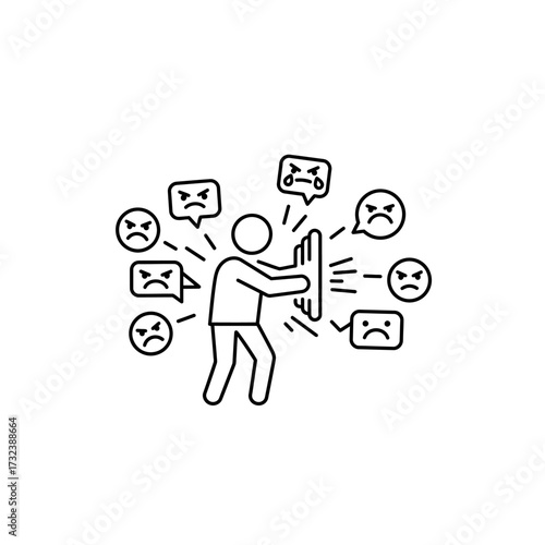 Minimalist Vector Illustration of Person Defending Against Negative Emotions with Shield in Modern Line Art Style
