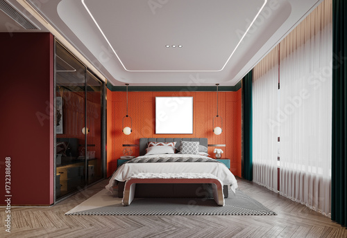 3D Render of Modern Bedroom, Hotel Room