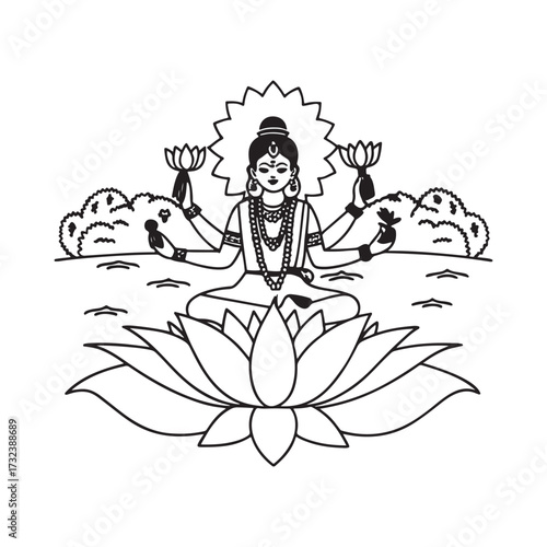 Goddess Lakshmi Meditating on Lotus Flower