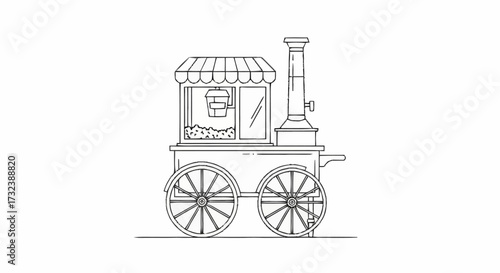 Whimsical vintage popcorn cart illustration perfect for retro events, movie nights, or carnival themes, bringing nostalgic joy and classic fun to any project.