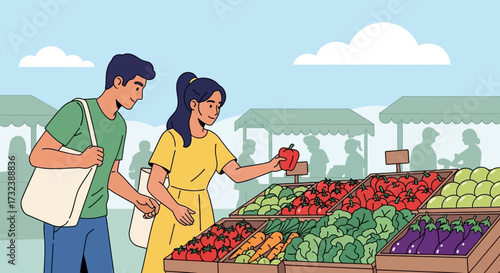 Couple selecting fresh produce at an outdoor market stall.