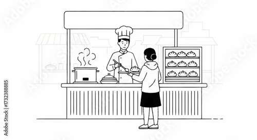 Chef serving delicious food from a bustling street stall to a happy customer, capturing the vibrant essence of urban culinary experiences