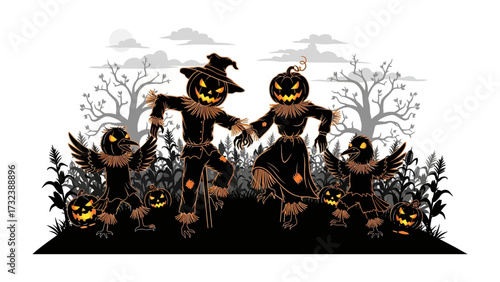 Spooky Scarecrow Scene: A whimsical and eerie illustration depicts a pair of scarecrows dancing joyfully under the moonlight with crow companions in a cornfield.