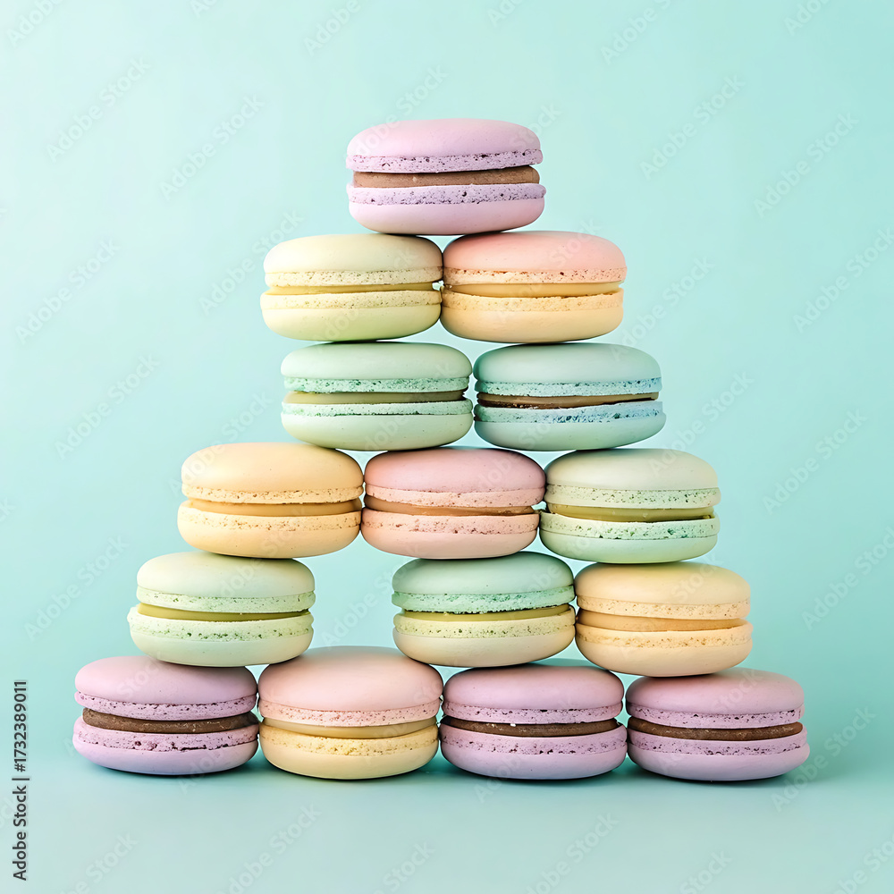 Fototapeta premium Pastel colored macarons stacked in a pyramid shape against a light blue background