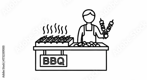 Expert grill master serving delicious smoky skewers at a vibrant BBQ stand, creating an irresistible culinary experience for hungry customers.