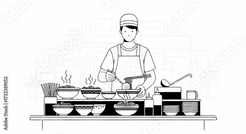 Skilled chef expertly serves steaming bowls of delicious noodles at a bustling street food stall, inviting customers to savor authentic flavors.