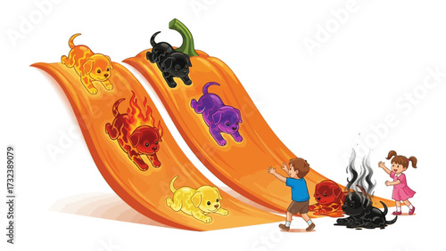 Playful Puppies on Colorful Slides: A vibrant illustration depicts a collection of adorable puppies sliding down bright, playful slides, filled with joy and fun.