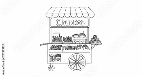Charming churro cart brimming with delicious treats and hot cocoa ready to delight customers on a sunny day