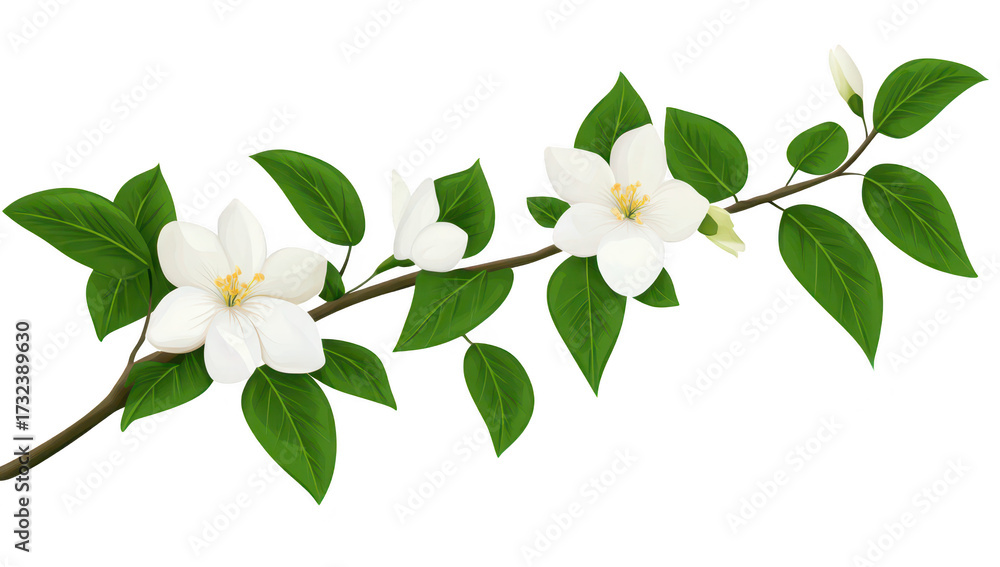 Fototapeta premium A delicate branch adorned with white flowers and lush green leaves. elegantly positioned against a clean white background. perfect for nature-themed designs and botanical illustrations
