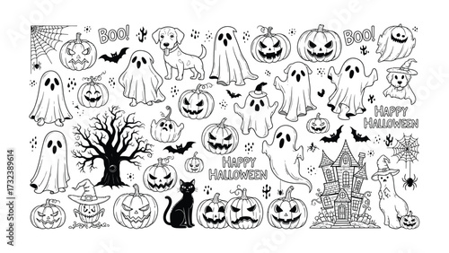 Spooky Halloween Illustrations: A captivating collection of Halloween-themed illustrations in a monochromatic style, offering a touch of playful scare and eerie delight.