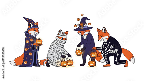 Whimsical Halloween Foxes: A quartet of adorable foxes, each costumed in festive Halloween attire, gather for trick-or-treating, casting a spell of charm and merriment. 
