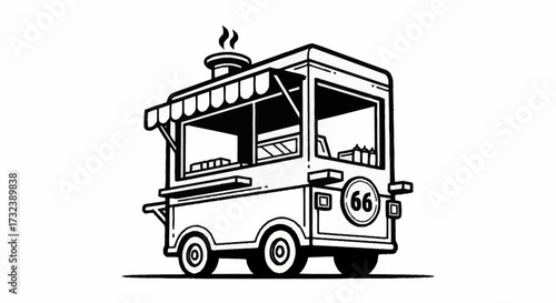 Vibrant food truck with steaming chimney and iconic '66' emblem, ready to serve delicious street food classics and modern culinary delights to eager customers.