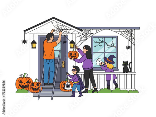 Spooky Halloween Family Preparation: A family working together to decorate their house with Halloween decor, including pumpkins and spider webs.Capturing the joy of a spooky tradition.