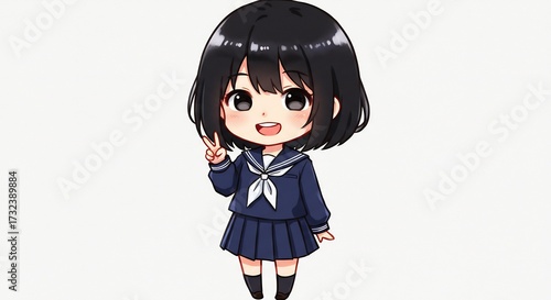 Adolescente anime chibi en uniforme escolar sonríe alegremente haciendo un gesto de paz fondo blanco brillante