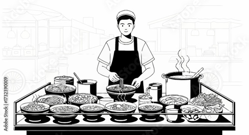 Skilled vendor expertly prepares delicious noodle bowls at a vibrant street food stall showcasing fresh ingredients and hot steaming soup