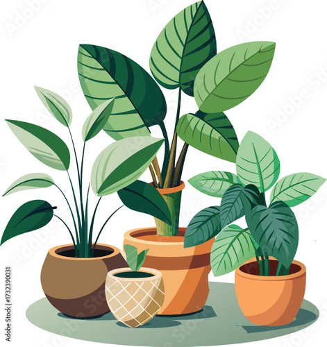 Set of Green Indoor Houseplants in Pots Flat Vector for Home and Office Decoration