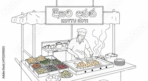 Skilled chef expertly prepares delicious kottu roti at bustling street food stall, capturing authentic culinary experience